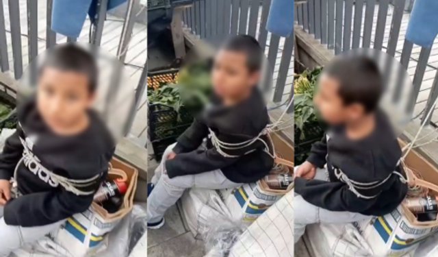 Pazarda eşofman çalan çocuğu yakaladı, iple bağladı!