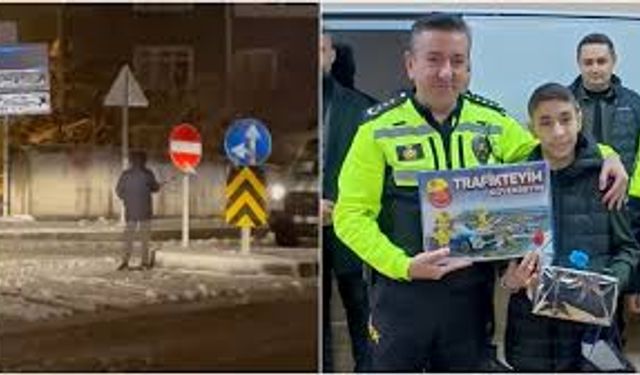 Kar yağışında yön tabelalarını temizleyen öğrenci ödüllendirildi