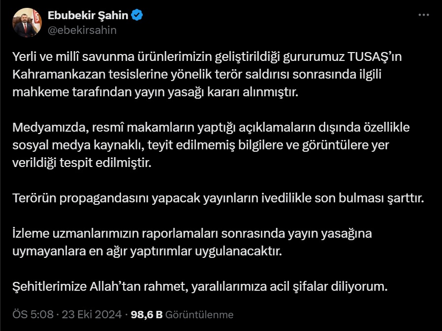 Ebubekir Şahin Açıklama